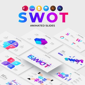 May include: A set of animated slides for SWOT analysis. The slides feature different visual representations of the SWOT acronym, including a human head divided into four quadrants, a 3D cube, and a group of people forming the letters. The slides are designed for use in presentations and workshops.
