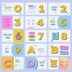 May include: A presentation slide deck with a colorful design featuring large numbers and letters. The slides include titles such as "Strategy", "Human Resources", "Introduction to Our Vision and Mission", "Strategic Goals and Objectives for 2025", "Operational Efficiency", "Your Title", "About Us", "Business Terms Agreement", and "Start Saving Your Money".