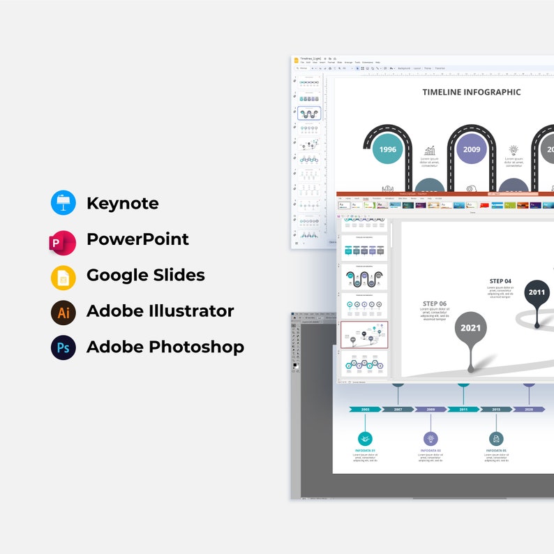 May include: A timeline infographic with a road theme. The infographic shows key milestones from 1996 to 2021. The infographic is designed for use in Keynote, PowerPoint, Google Slides, Adobe Illustrator, and Adobe Photoshop.