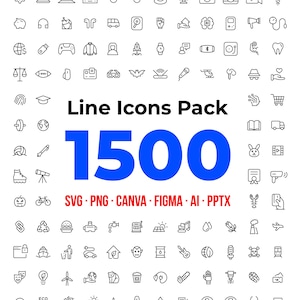 Puede incluir: Una colección digital de 1500 iconos de línea negra dispuestos en una cuadrícula, con varios símbolos como tecnología, naturaleza y transporte. El texto Line Icons Pack 1500 SVG PNG CANVA FIGMA AI PPTX aparece en el centro en negro y azul.