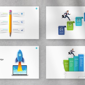 May include: Four infographic illustrations with different designs. The first illustration shows a yellow pencil with a pink eraser on a white background. The second illustration shows a man running up a staircase with four steps. The third illustration shows a blue rocket launching from a laptop screen. The fourth illustration shows a man running up a staircase with four steps, with a human head outline in the background.