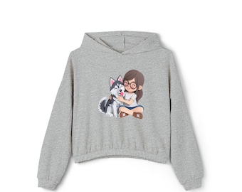 Hugging Dog | Hugging Husky | Girl Hugging Husky - Women's Cinched Bottom Hoodie