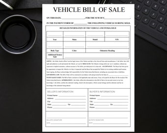 Vehicle Bill of Sale, w/Receipt Form - Print and Go
