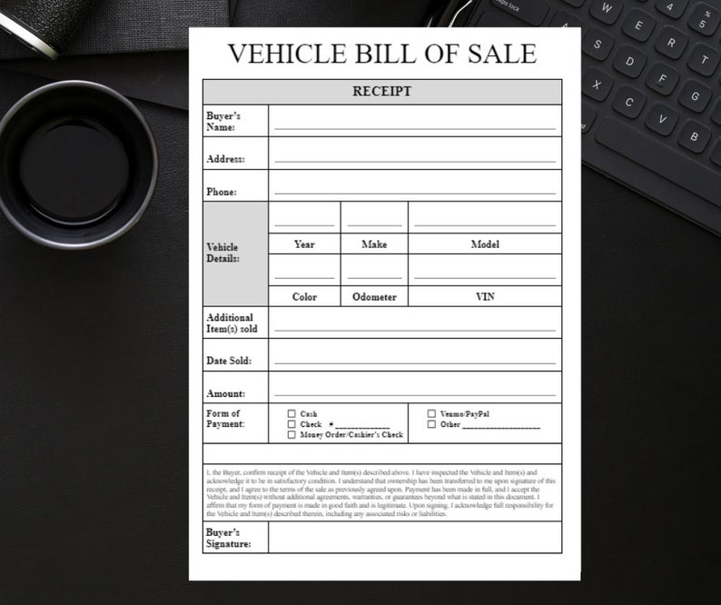 Vehicle Bill of Sale, w/Receipt Form Print and Go image 2