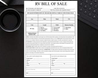 Camper/ RV Bill of Sale, w/Receipt Form - Print and Go