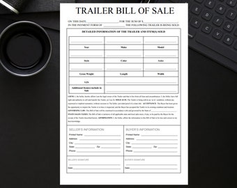 Trailer Bill of Sale, w/Receipt Form - Print and Go