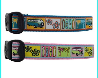 Retro Volkswagen Surfboards Hibiscus Flower & Palm Trees Dog Collar