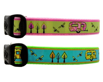 Camper Trailer Camping Dog Collars With Lightning Bugs & Funky Trees