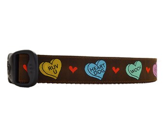 3 Dirty Dawgz Brown Conversation Hearts Valentine's Day Dog Collar for Small Medium Large and XLarge Dogs