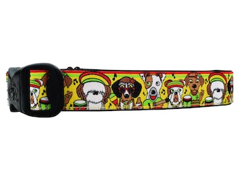 3 Dirty Dawgz Adjustable 1" Jamaican Reggae Music Peace Sign Labrador Bulldog Jack Russell Rasta Dog Collars for Medium Large and XL Dogs