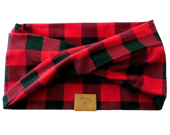Dog Infinity Scarf Red + Black Buffalo Plaid , Red Flannel Bandana, Twist scARF, Bandeau Scarf, Black + Red Buffalo Plaid Bandeau Scarf