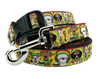 Collar y correa para perros con estampado rasta jamaiquino Collar y correa para perros con estampado reggae 3 Dirty Dawgz de 1" de ancho para perros medianos, grandes y extra grandes 1" de ancho + 5-1/2' de largo