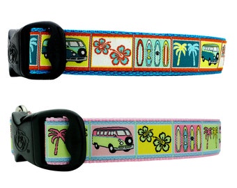 Retro Surfboards Surfing Dog Collar: Hibiscus + Palm Trees Dog Collar