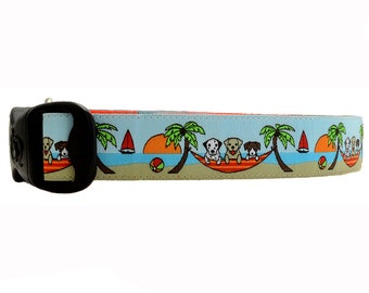 3 Dirty Dawgz Summer Dalmation Golden Retriever Jack Russell Hammock  Palm Trees Ocean Beach Dog Collar for Medium Large and XLarge Dogs