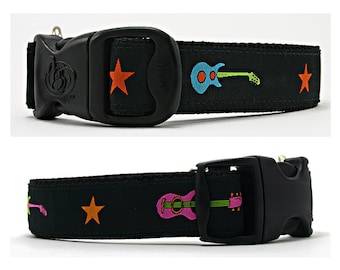 3 Dirty Dawgz Adjustable 1" Jammin' Stars Music Guitar Musical Awesome RockStar Dog Collars for Medium Large and X-Large Dogs