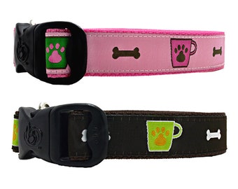 3 Dirty Dawgz Trendy Cute Preppy Pink and Green Cafe Java Cup of Joe Dog Biscuits and Coffee Dog Collar for Small Medium Large Xlarge Dogs