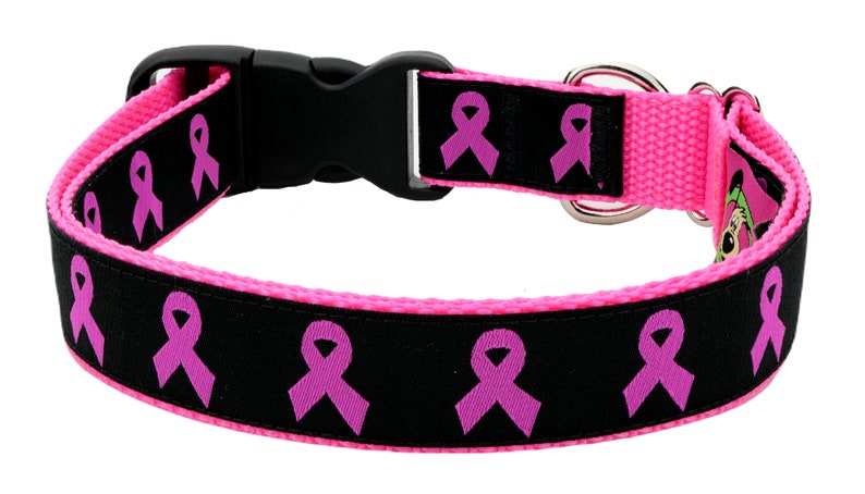 Op de afbeelding: Roze en zwarte hondenriem met een roze lintpatroon. De riem heeft een plastic gesp en een metalen D-ring.