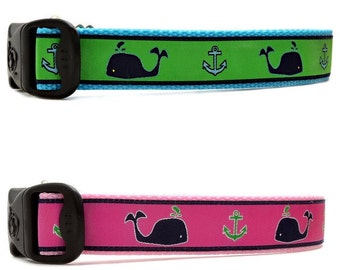 3 Dirty Dawgz Adjustable 1" Classic Preppy Whale Maritime Nautical Anchor Boating Dog Collars for Medium Large and X-Large Dogs