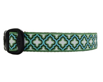 3 Dirty Dawgz 1" Beautiful Seaglass Unique Geometric Pretty Aqua and Brown Moroccan Tile Pattern Dog Collar for Medium Large and XLarge Dogs