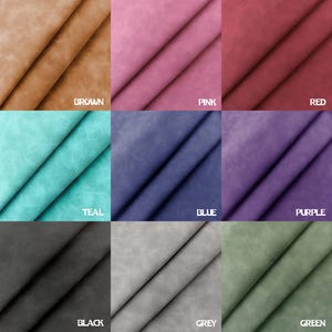 May include: Nine fabric swatches in different colors: brown, pink, red, teal, blue, purple, black, gray, and green. Each swatch is folded in half, showing the texture of the fabric.