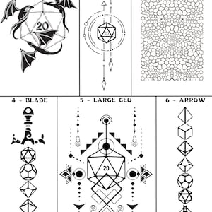 May include: Six black and white tattoo designs featuring geometric shapes, dragons, and dice. The designs are labeled with numbers 1 through 6.