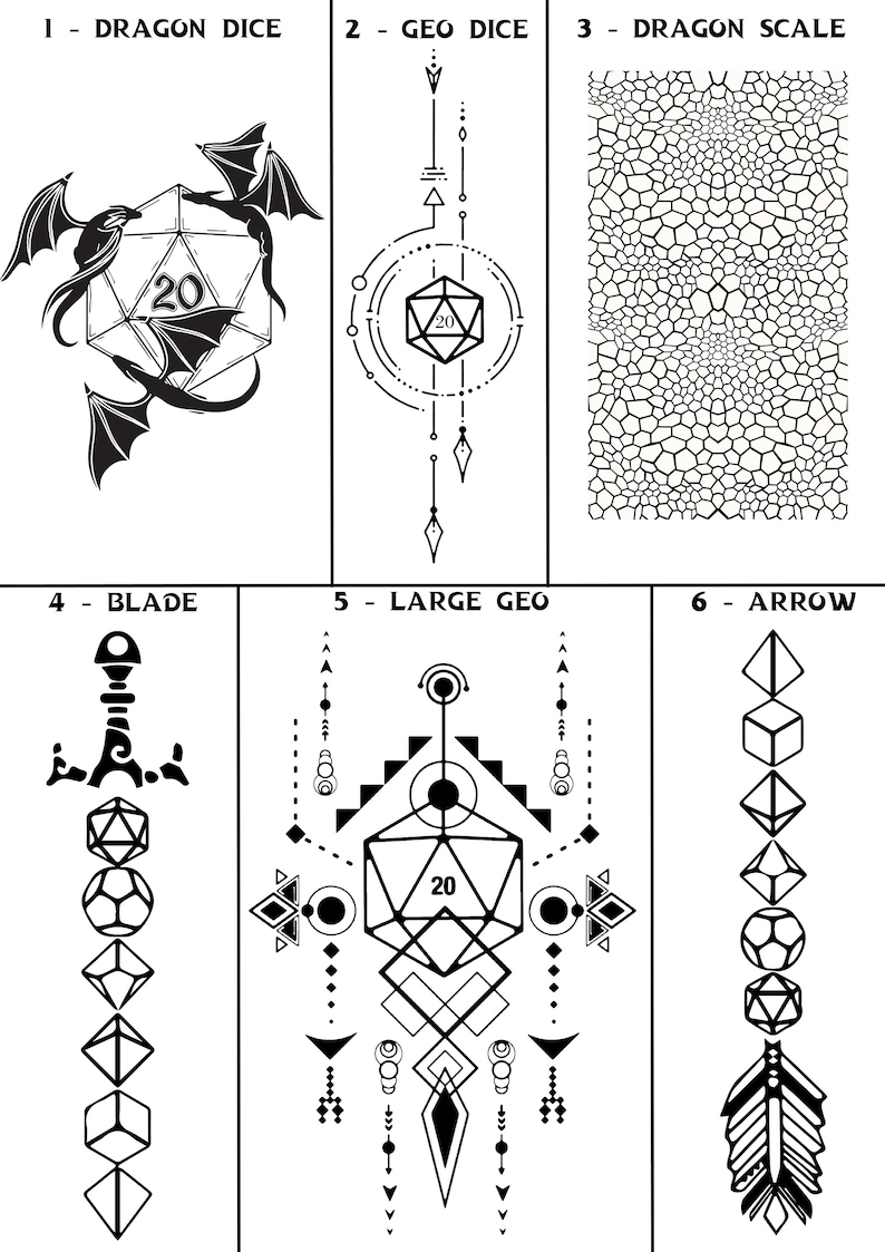 May include: Six black and white tattoo designs featuring geometric shapes, dragons, and dice. The designs are labeled with numbers 1 through 6.