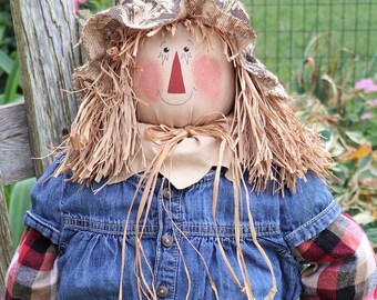Country Gal Scarecrow 38" long, real Clothes, Gloves, Hand Sewn Poseable FALL FUN! ShippedUSPS PRIORITY mail