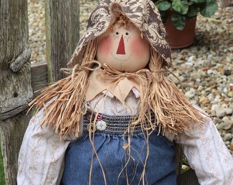 Country Girl Scarecrow 37" long, real Clothes, Gloves, Hand Sewn Poseable FALL FUN! ShippedUSPS PRIORITY mail