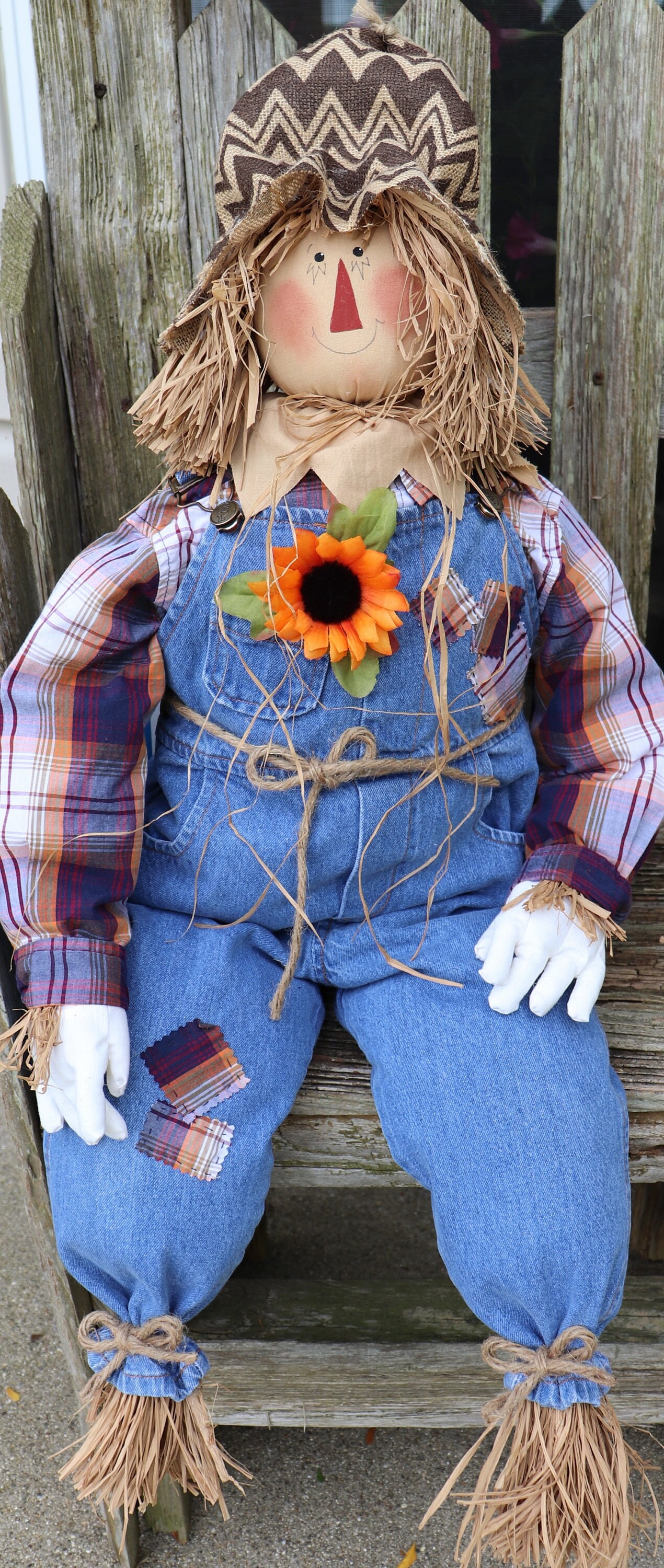 Country Scarecrow 34" long, real Clothes, Gloves, Hand Sewn Poseable FALL FUN! ShippedUSPS PRIORITY mail
