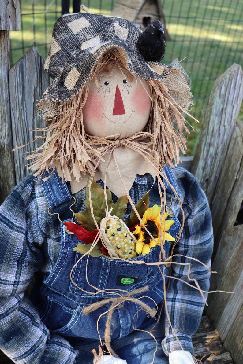 Country Scarecrow 46 Long, Real Clothes, Gloves, Hand Sewn Poseable