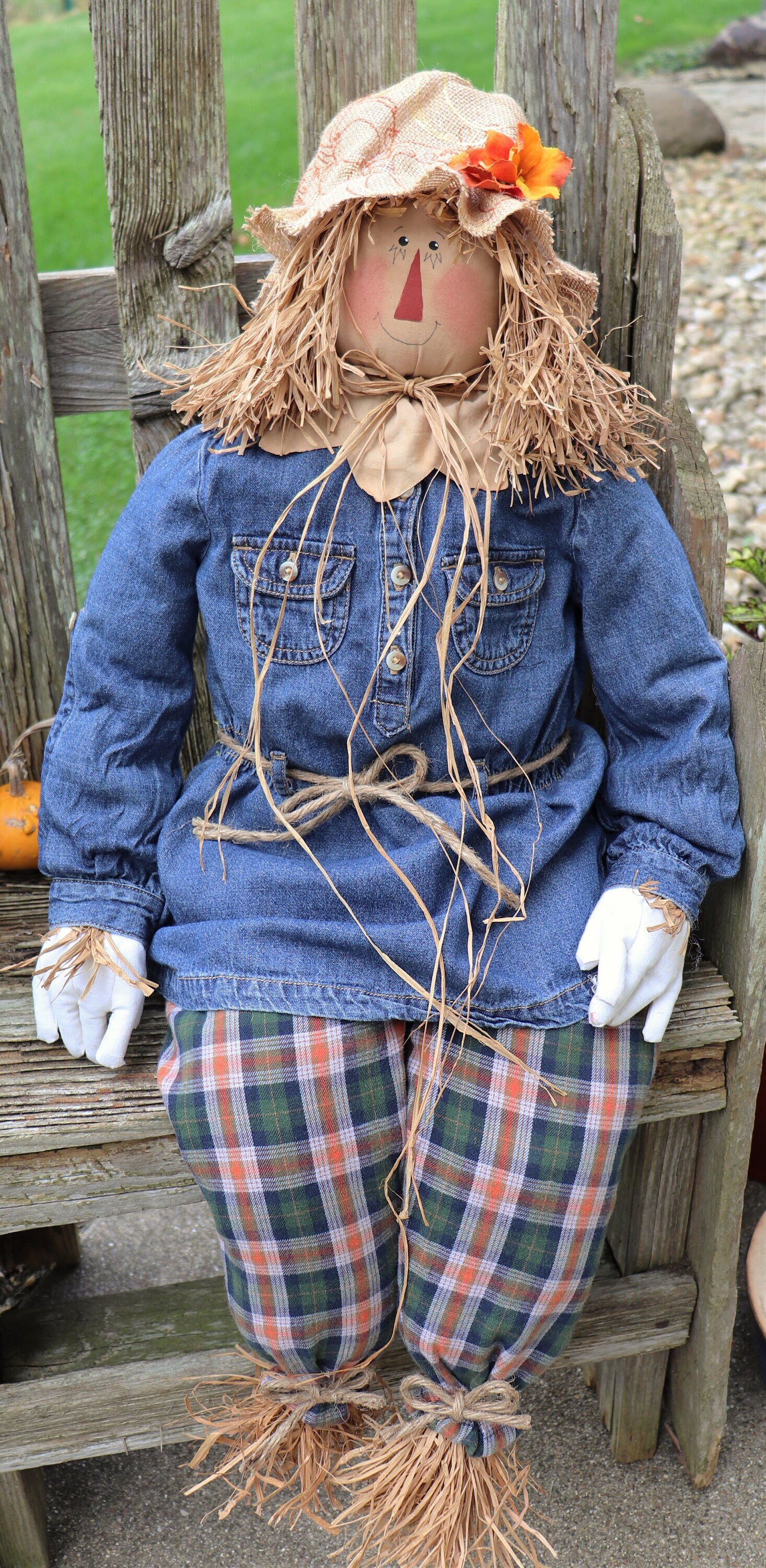 Country Girl Scarecrow 37" long, real Clothes, Gloves, Hand Sewn Poseable FALL FUN! ShippedUSPS PRIORITY mail