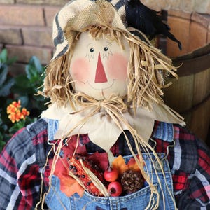 May include: A scarecrow doll wearing a plaid shirt and denim overalls with a burlap hat. The doll has a painted face, straw hair, and a black bird on the hat. The pocket contains a decorative corn cob, red berries, a pinecone, and autumn leaves.