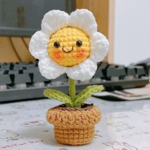 May include: A handcrafted crochet flower with a smiling yellow center and white petals. The flower has a green stem and sits in a brown crochet pot. The flower is a charming decorative item.