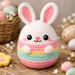 Peut inclure: Un lapin de Pâques crocheté avec une tête blanche et des oreilles doublées de rose. Le corps est rayé de rose, de jaune et de bleu. Le lapin a des yeux noirs et un petit nez rose. Il est posé sur une surface en bois.