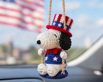 Patriotic Snoopy Hanging Car Crochet PDF Pattern - America 250th Anniversary Amigurumi Decoration - Crochet Snoopy 4th of July Car Decor