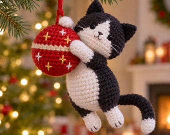 Cute Cat with Xmas Ball Crochet PDF Pattern - Funny Cat Ornaments Amigurumi Xmas Tree Decor - Cute Naughty Cat Hug Christmas Bauble Crochet