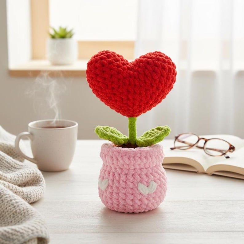 Crochet Heart Plant Pot PDF Pattern - Heart Potted Amigurumi, Easy Mother's Day Gift Crochet Tutorial, Gift for Mom Crochet image 1