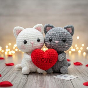 May include: Two crocheted cat figurines, one white and one gray, holding a red heart with the word "LOVE". The cats have black eyes and pink noses. The background is a blurred wooden surface with soft lighting and scattered rose petals.