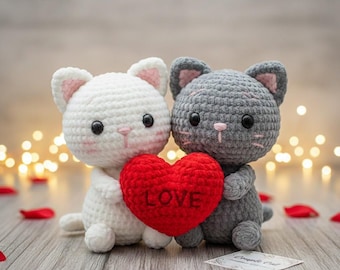Couple Cat Crochet PDF Pattern - How to Crochet Valentine Gift for Couple - Love Cat Crochet Amigurumi - Cat with Heart for Lover