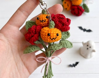 Mini Pumpkin Rose Bouquet Keychain Crochet PDF Pattern - Cute Halloween Bag Charm Amigurumi - Spooky Mini Bouquet Keychain Crochet Tutorial