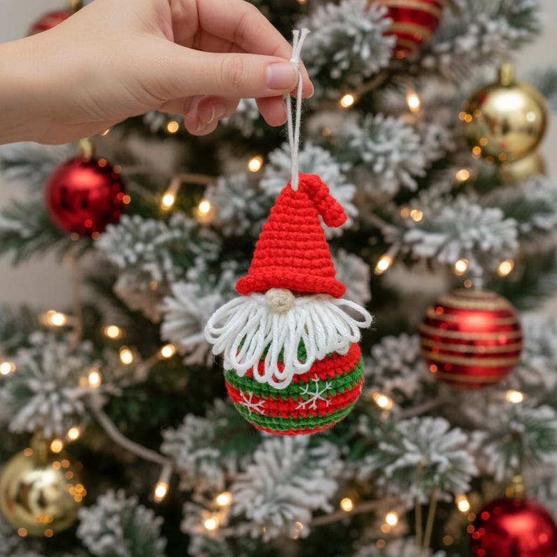 Christmas Gnome Ball Crochet Pattern, How to Crochet Gnome Ornament Xmas Tree Decoration, Crochet Christmas Ball Home Decor image 6