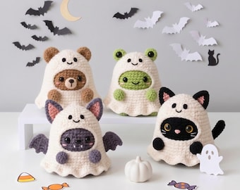 Halloween Bundle Crochet PDF Pattern - Easy Crochet 4in1 Animal Ghost Amigurumi - Cute and Spooky Crochet: Black Cat, Bear, Frog, Bat