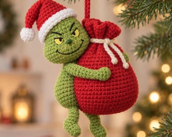 The Thief with Christmas Gift Bag Crochet PDF Pattern - Funny Ornament Crochet Amigurumi Tutorial - Xmas Tree Decoration, Funny Xmas Hanging