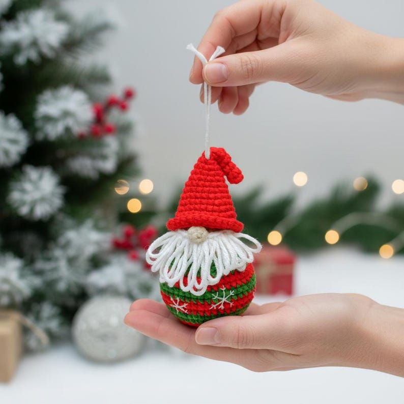 Christmas Gnome Ball Crochet Pattern, How to Crochet Gnome Ornament Xmas Tree Decoration, Crochet Christmas Ball Home Decor image 2