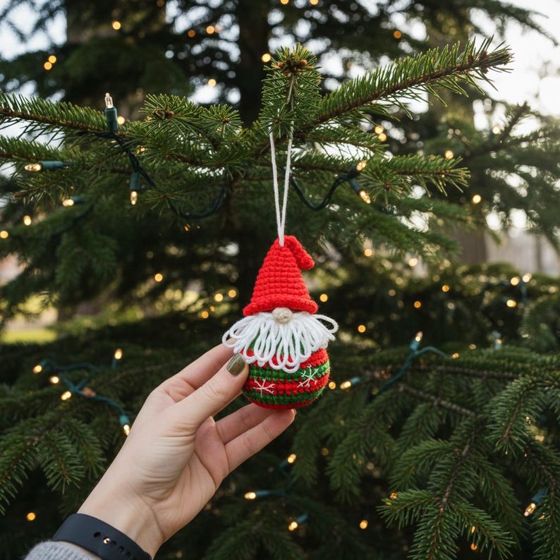 Christmas Gnome Ball Crochet Pattern, How to Crochet Gnome Ornament Xmas Tree Decoration, Crochet Christmas Ball Home Decor image 7