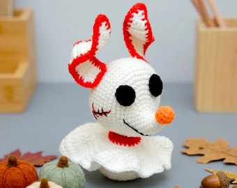 Patrón PDF de perro fantasma a crochet, decoración de Halloween de amigurumi de perro espeluznante, crochet fácil de perro lindo para Halloween, cachorro fantasma a crochet