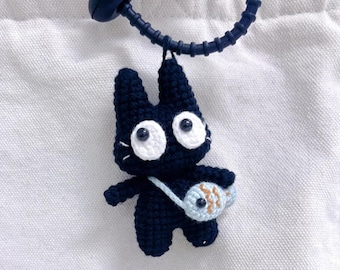 Crochet Cat PDF Pattern, Cat with Fish Bag Amigurmi Pattern, Crochet Halloween Cat Keychain, Handmade Kitty Bag Charm, Crochet Spooky Animal