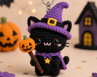 Witch Cat Crochet PDF Pattern - Halloween Black Cat Crochet Amigurumi - How to Crochet Cute Spooky Halloween Decoration, Black Cat Bag Charm