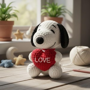 May include: A crocheted Snoopy doll, holding a red heart with the word "LOVE" embroidered in white. The doll has black ears and a black spot on its head. The background includes a window, plants, and crafting supplies.