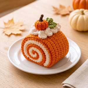 May include: A crocheted pumpkin roll cake featuring orange and white yarn swirls, topped with white crocheted frosting, a small orange pumpkin, and two green leaves. The item is displayed on a white plate, showcasing detailed yarn texture.